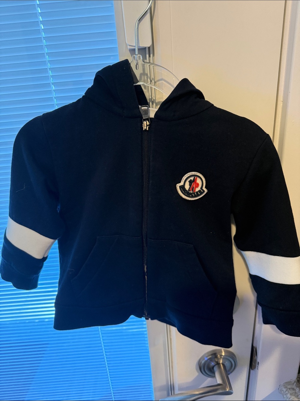 Moncler Navy Kids Zip Hoodie with White Sleeve Stripes
